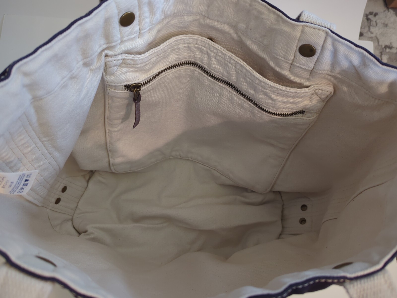 Lands’ End Canvas Tote Bag 1963 White/Blue Heavy-Duty with Pockets and Handles
