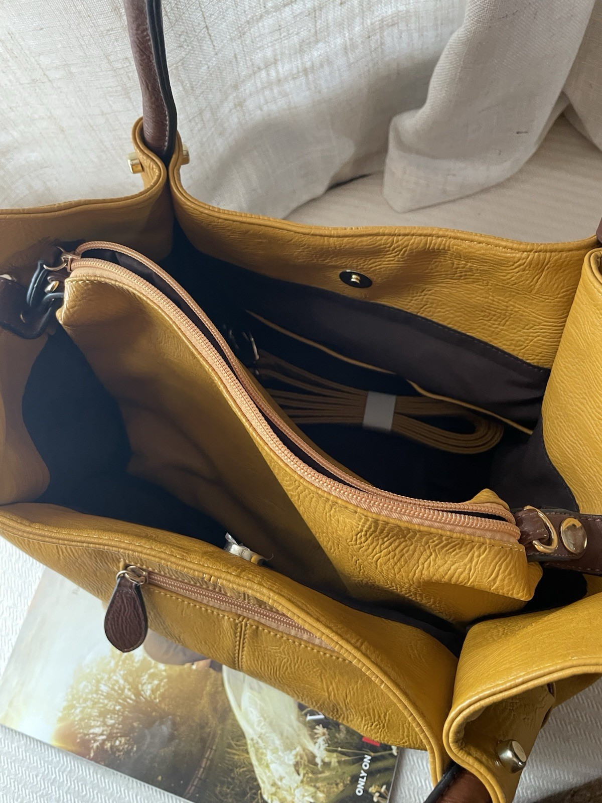 Yellow and Brown Shoulder Bag with Pouch, Detachable Strap, Gold Hardware