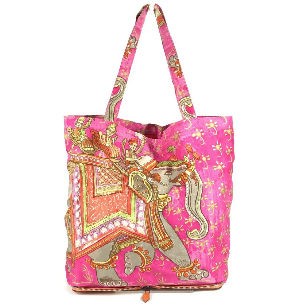 Hermes Silky Pop Foldable Tote Bag Elephant Print Silk Leather Orange