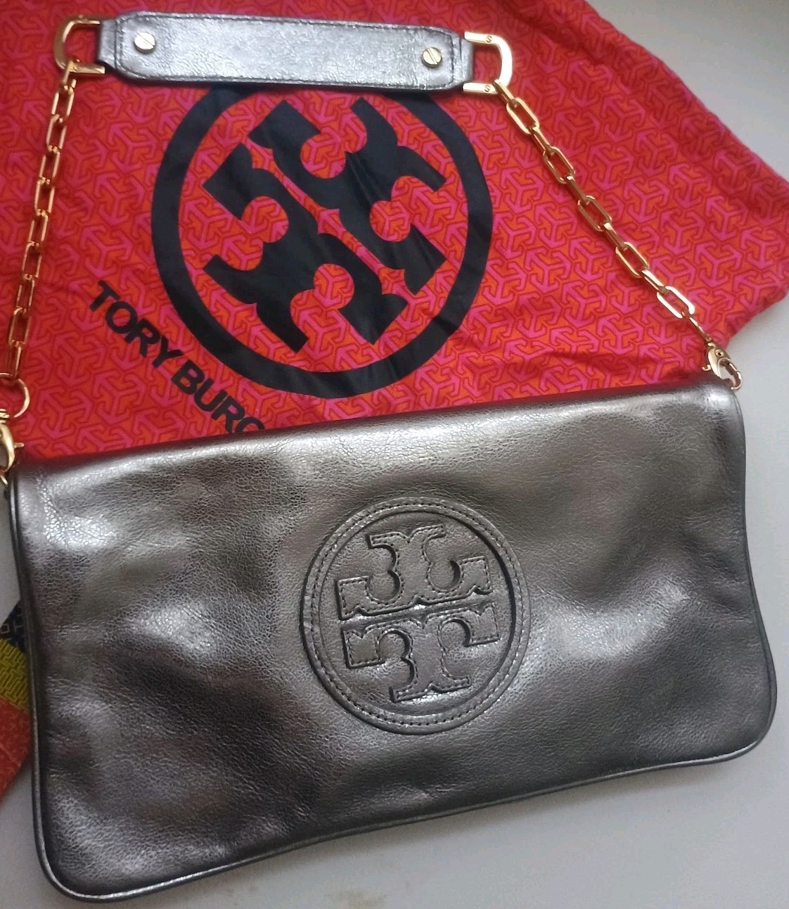 Tory Burch Handbag Shoulder Bag Steel Gray w/Chain Free Shipping w/ Dust Bag New
