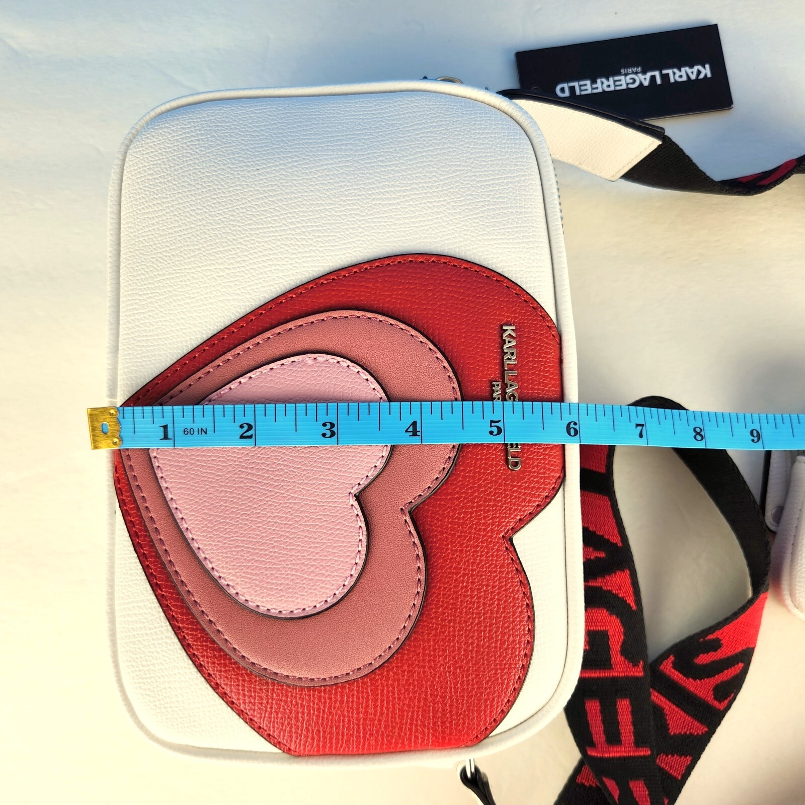 New Karl Lagerfeld Paris Maybelle Crossbody Bag White w Pink Red Hearts w/Pouch
