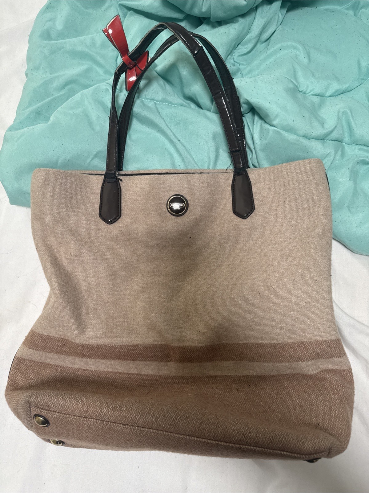 Coach F24665 Stripe North South Beige Wool Blend Tote