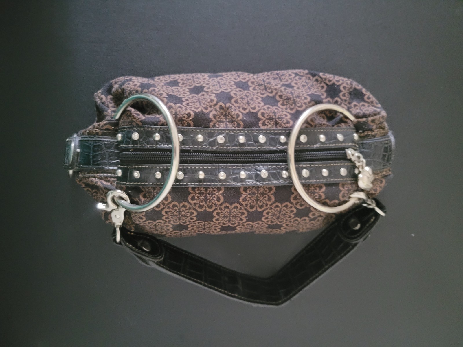 Kathy Van Zeeland Women’s Black/Brown Floral Shoulder Bag Studded Zip Silver
