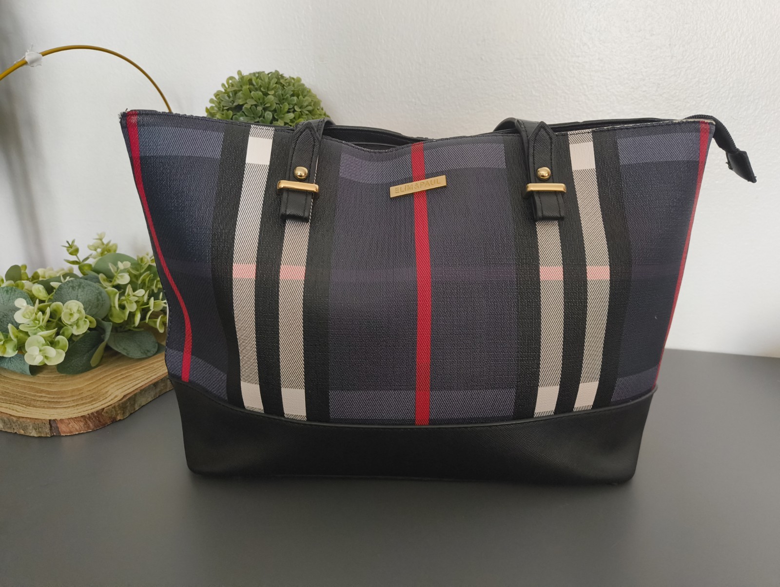 Checked Black Tote with Red Stripe – Designer Plaid Carryall