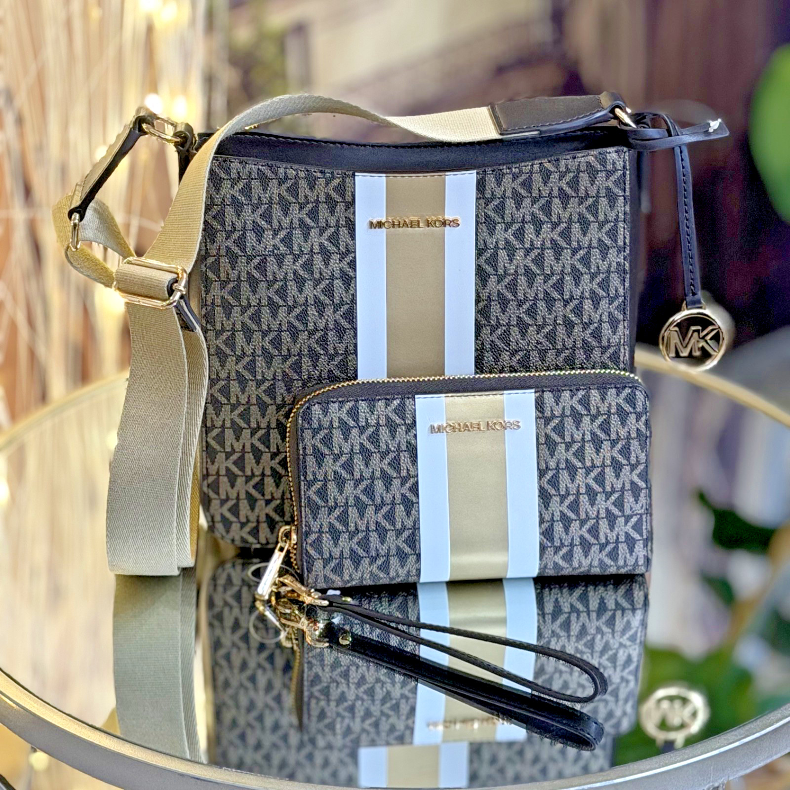 Michael Kors Jet Set Travel SM Signature Logo Crossbody Bag + Wallet Set Brown