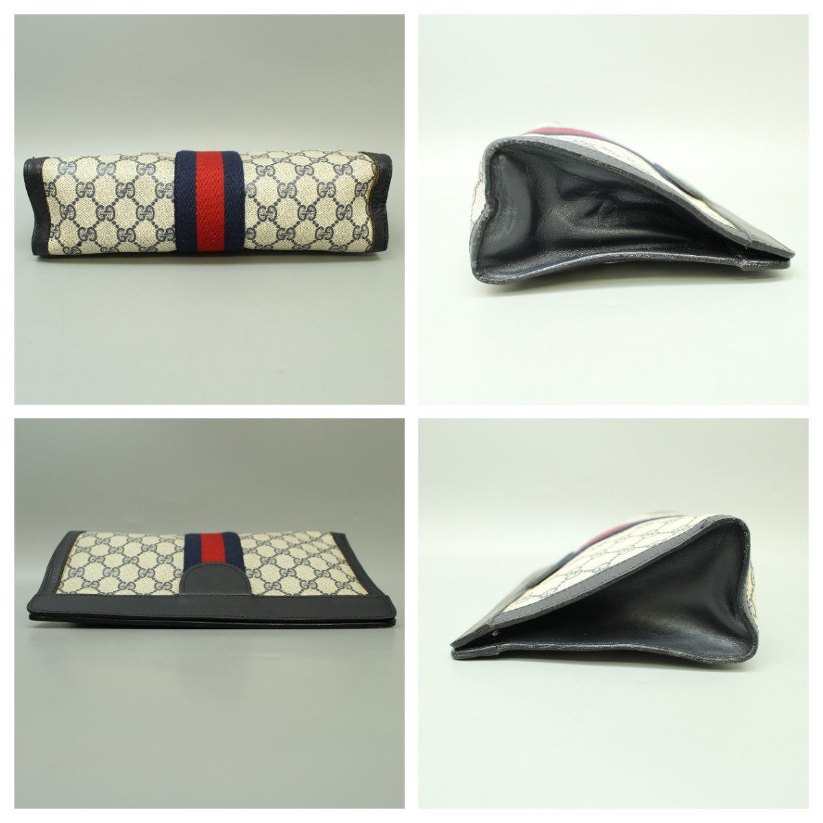 Gucci Vintage GG Pattern PVC Canvas Leather Clutch Bag Pouch Navy Gucci Parfums