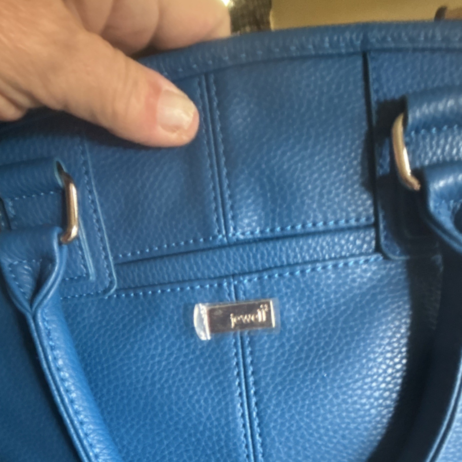 Jewell Blue Pebbled Shoulder Bag Stitching Metal Logo Plate Detachable Strap