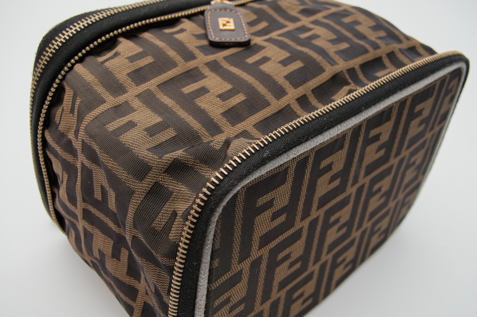 FENDI Zucca Vanity Hand Bag Purse Nylon Leather FF