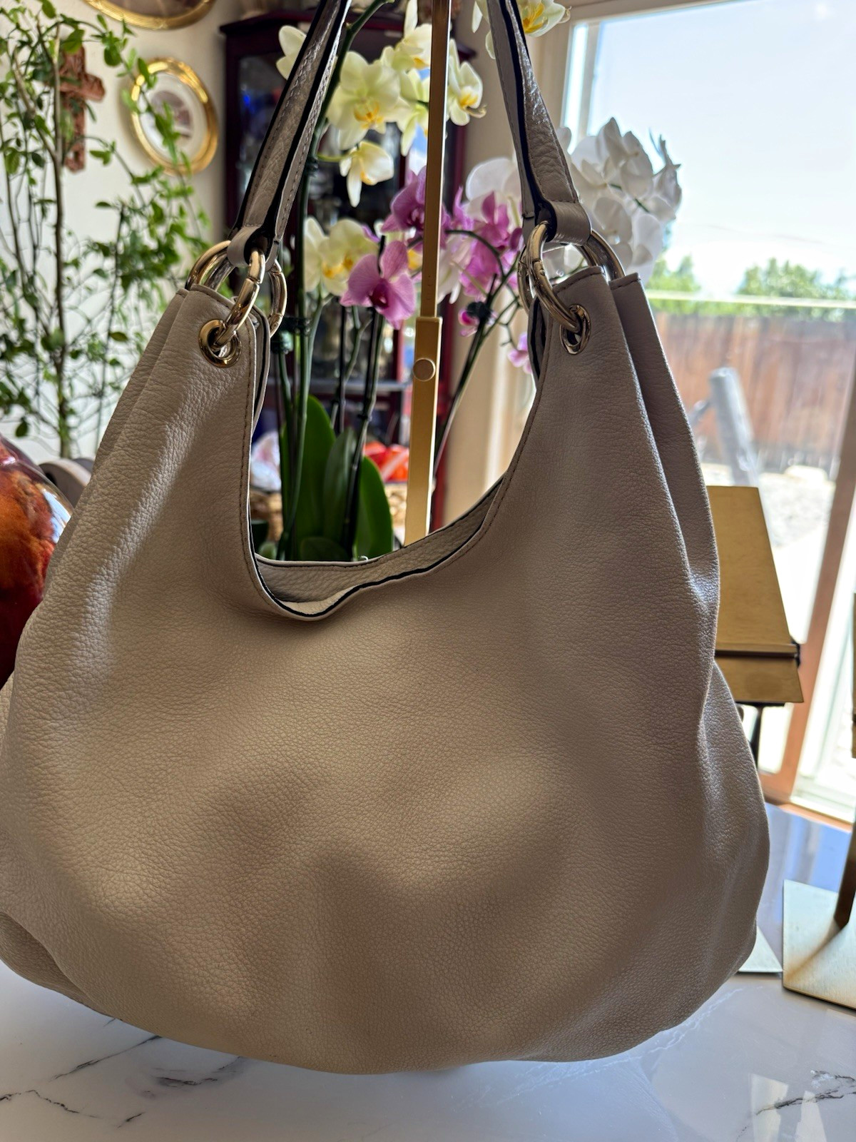 Michael Kors Beige Large Crescent Hobo Shoulder Bag Pebbled Tassel Charm