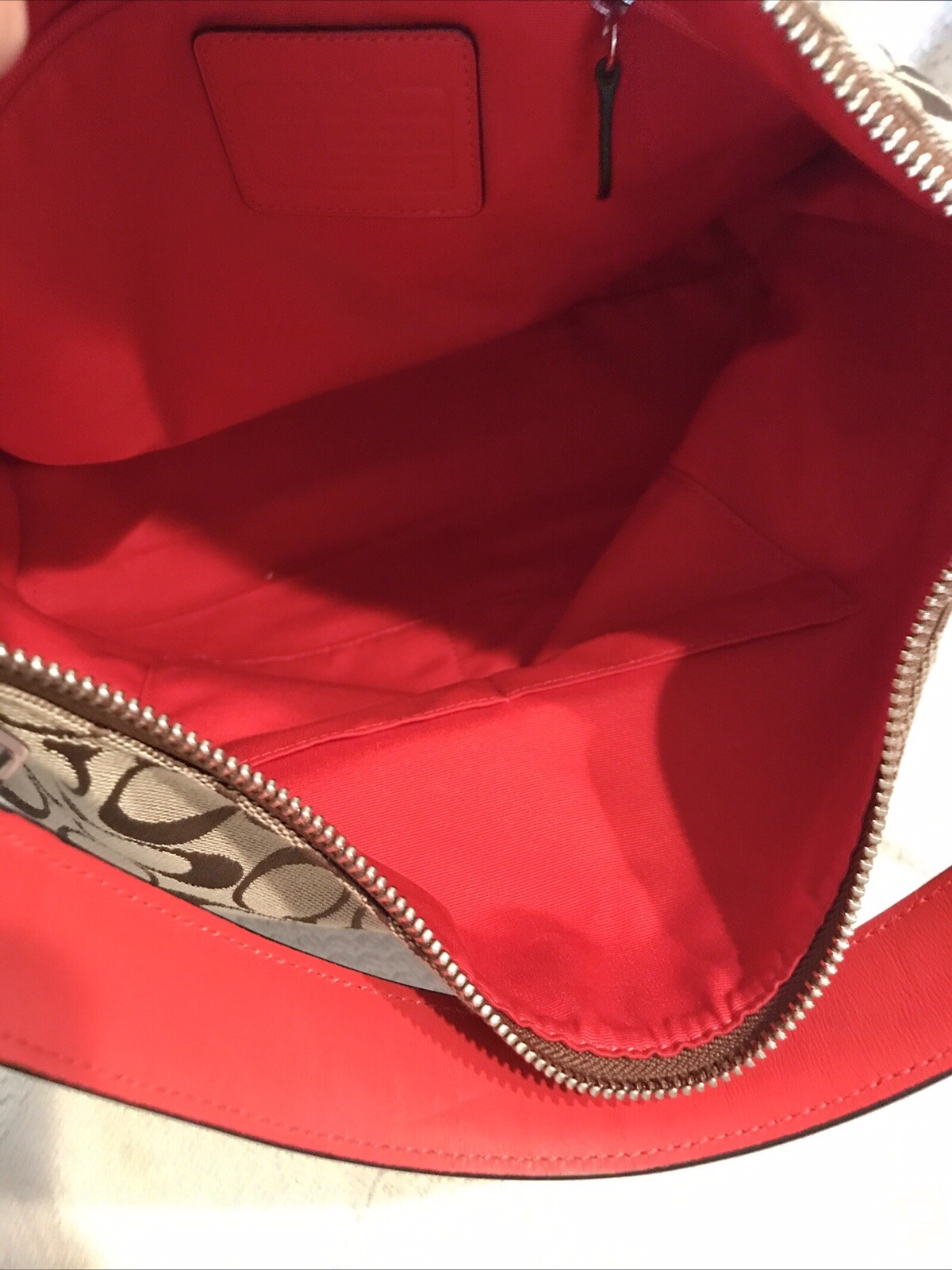 COACH Shoulder Crossbody Bag Signature C Canvas Leather Beige Red 13”x12” RARE!