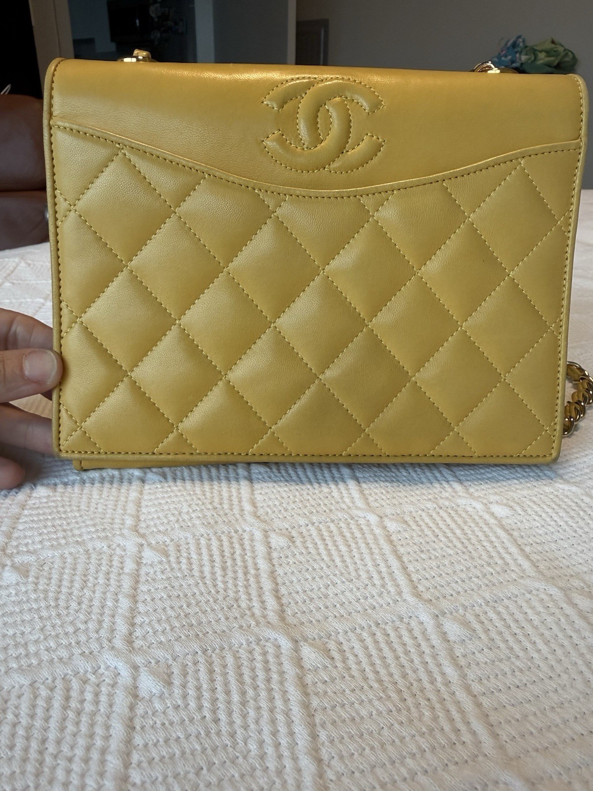 CHANEL Vintage 1990s Quilted Lambskin Envelope Flap Shoulder Bag Mustard Yellow