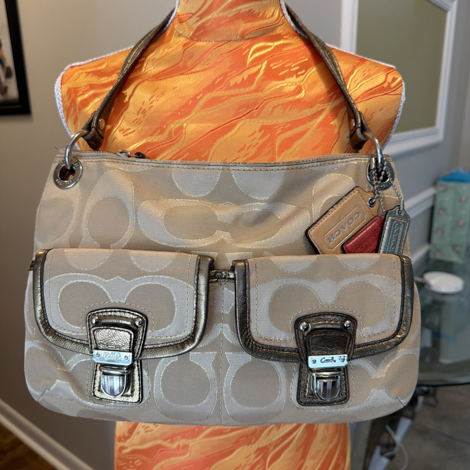 Coach Cream Signature Bag with Metallic Gold Trim Silver Hardware EUC 18980