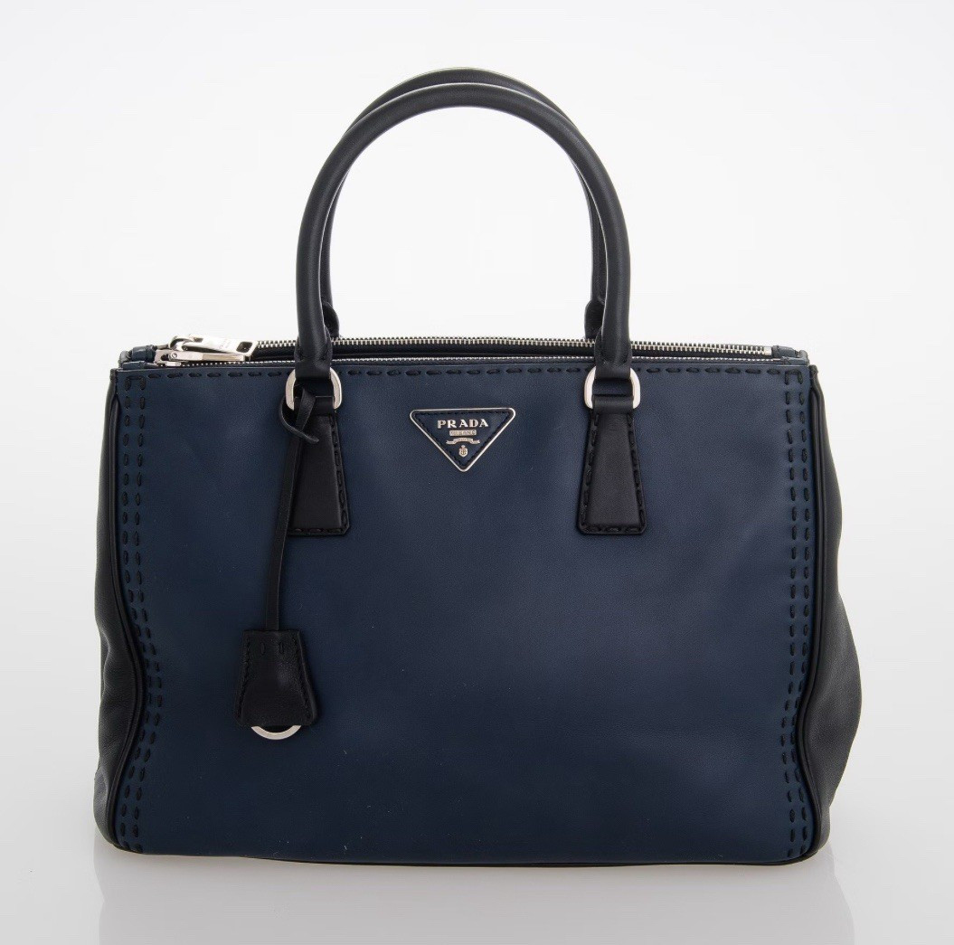PRADA Blue Satchel Top Handle Bag Zip Closure Logo Accents Clochette Silver