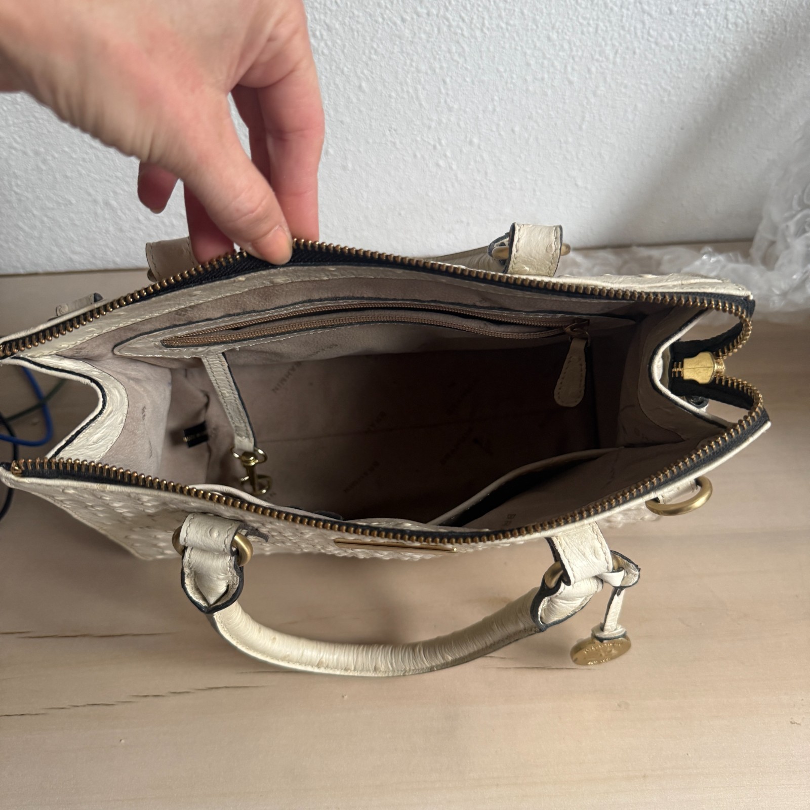 Brahmin Ivory Ostrich Embossed Leather Satchel Hand Bag