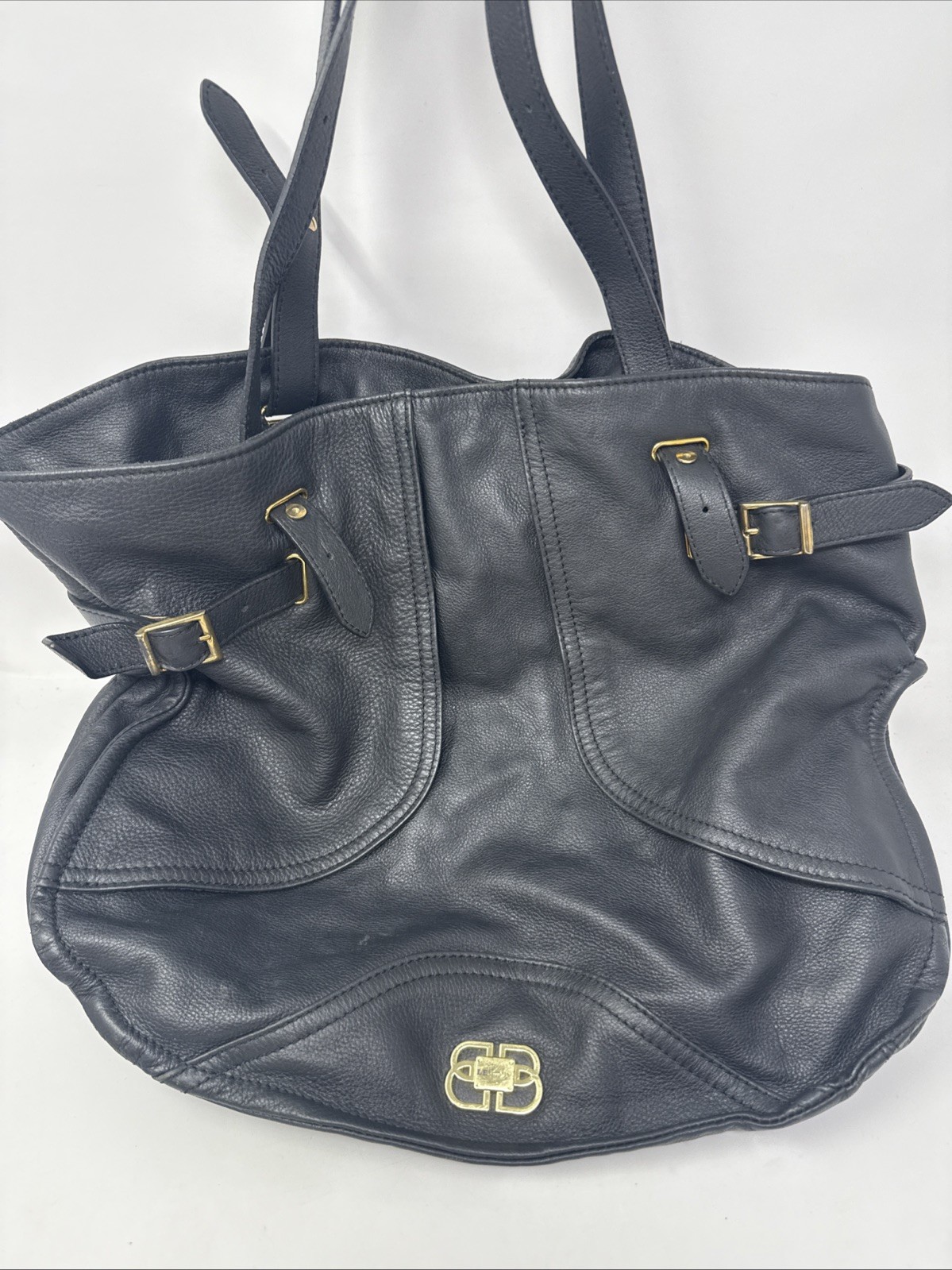 Le’Bulga Made In Italy Large Shoulder Bag Black Pebble Leather Gold Accents