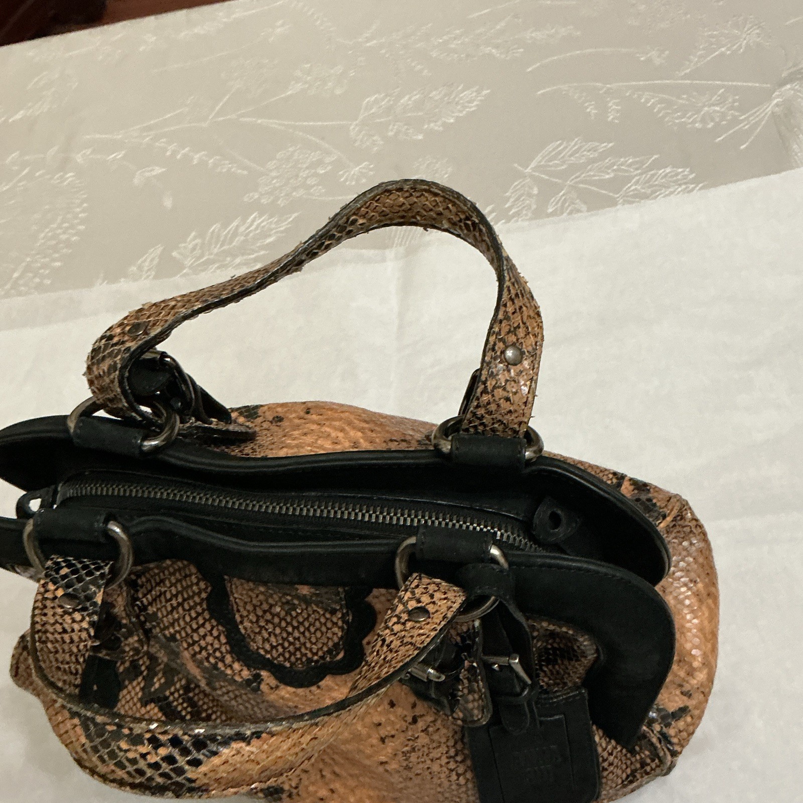 Anna Sui Snake Print Satchel Top Handle Brown/Black Purple Lining Zip Pockets