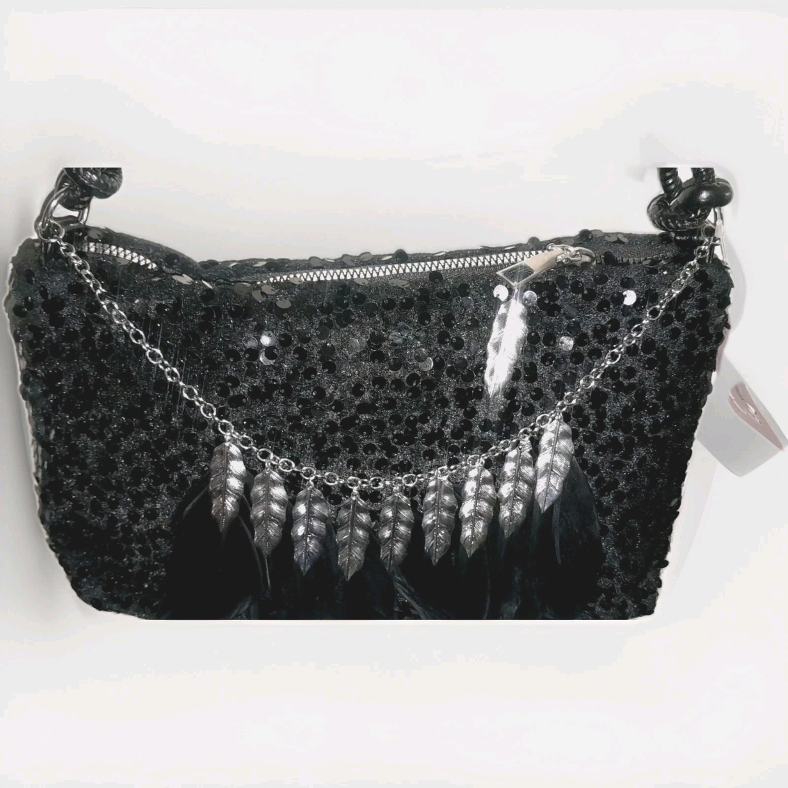 Black Velvet Shoulder Bag with Sequins, Feathers, and Metal feathers