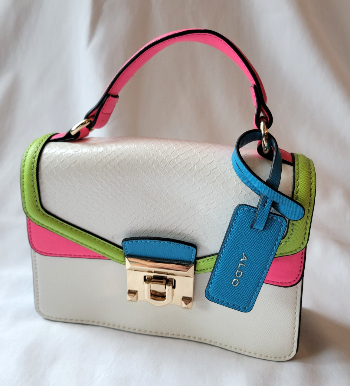 Aldo Etiwen Mini Satchel Purse Colorblock White/Pink/Lime Green