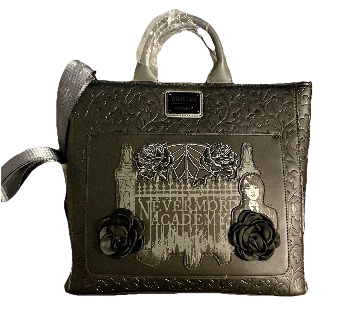 Loungefly Wednesday Nevermore Academy Tote Black Rose Accents Adjustable Strap