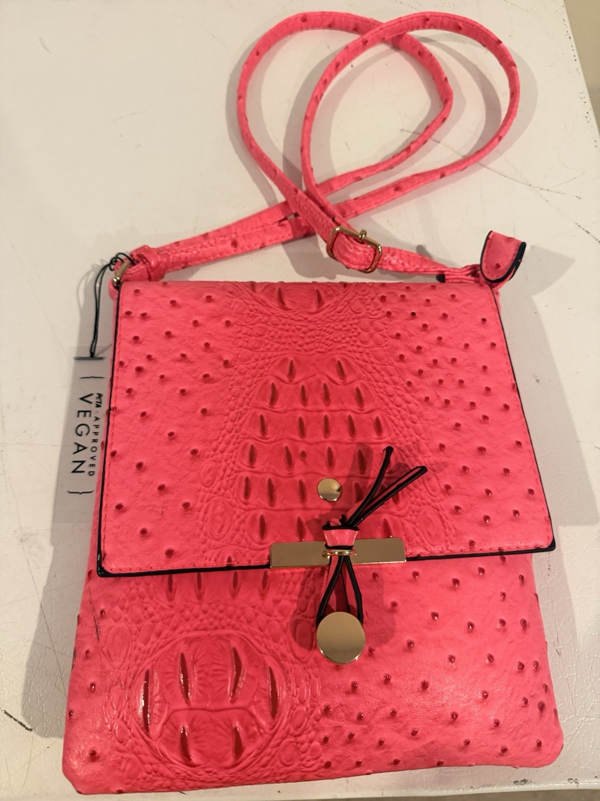 Neon Pink Vegan Crossbody Bag Croc Ostrich Embossed Gold Hardware New w/ Tags