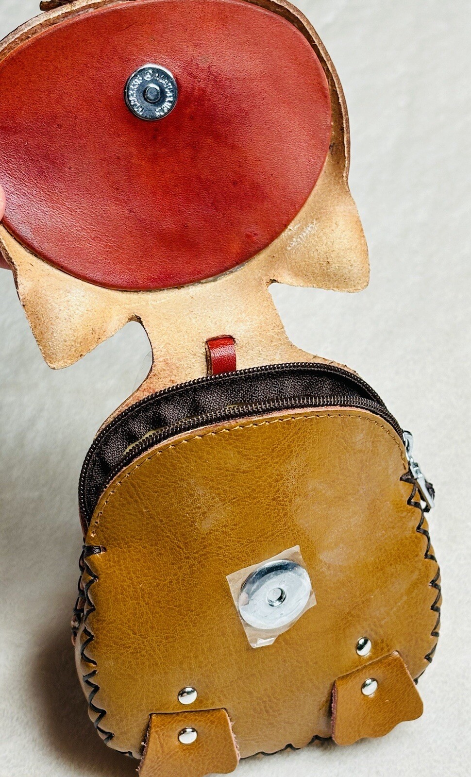 Handmade Leather Red Cat Fish Face Pouch Wristlet High Quality Zipper Mini Bag