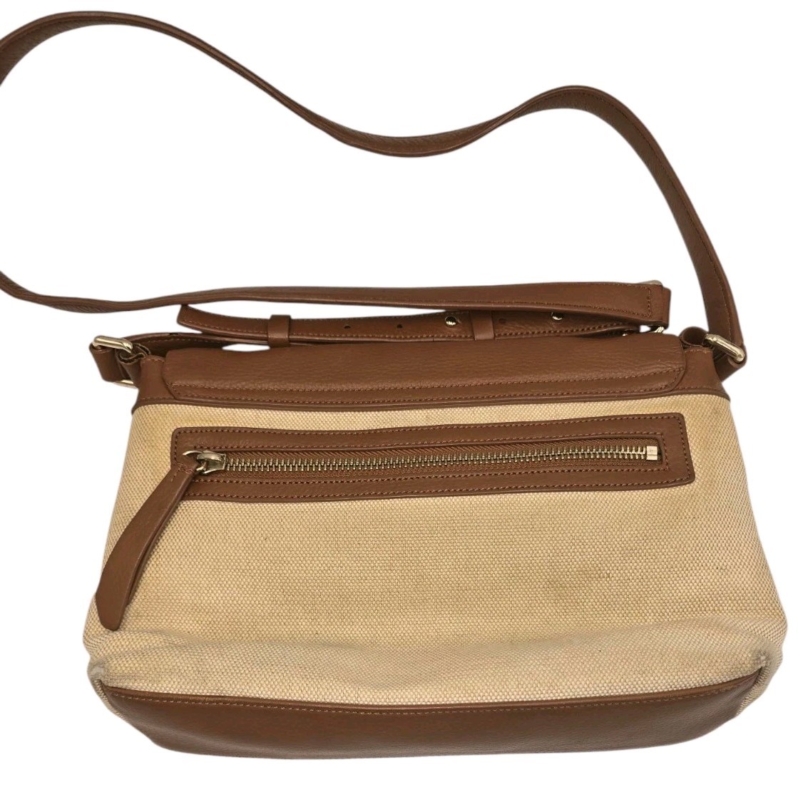 Cole Haan Small Messenger Crossbody Leather & Canvas Ivory Brown 11.5×7.5×2.5″