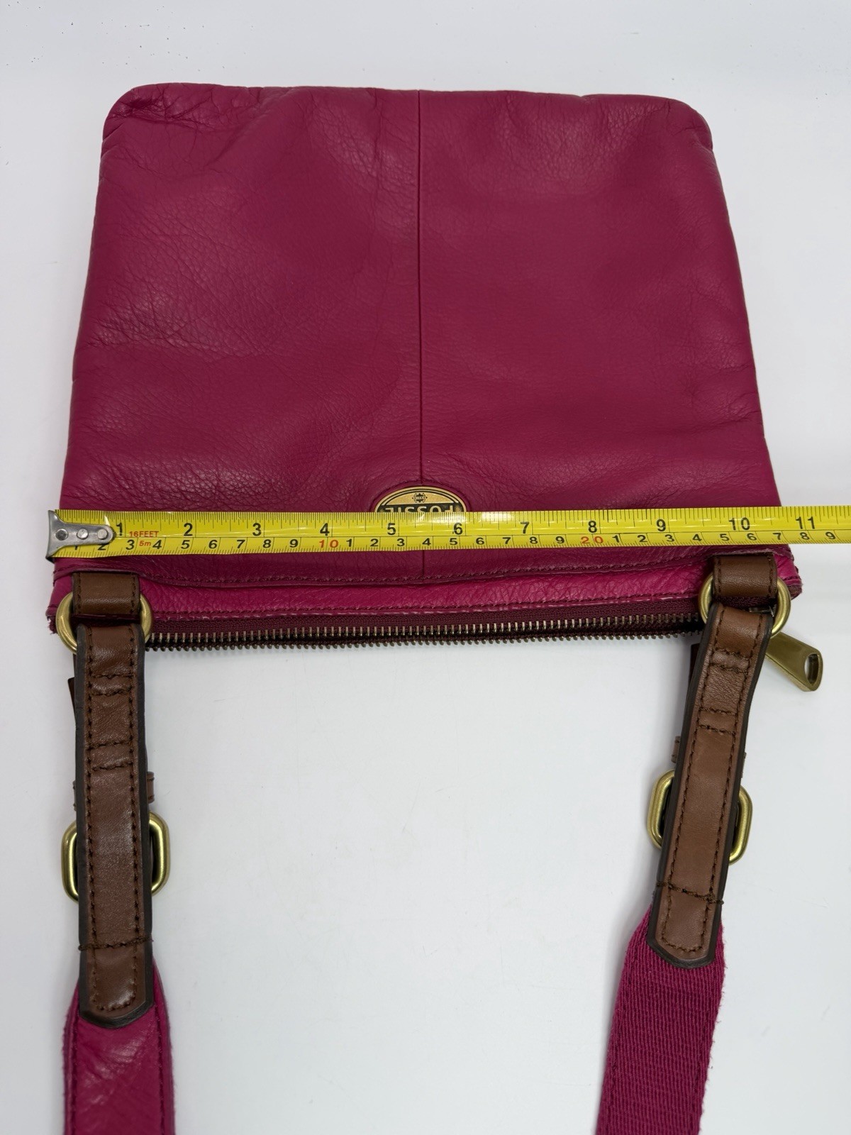 Fossil Explorer Triple Zip Crossbody Bag In Magenta Pink Leather Brass Hardware