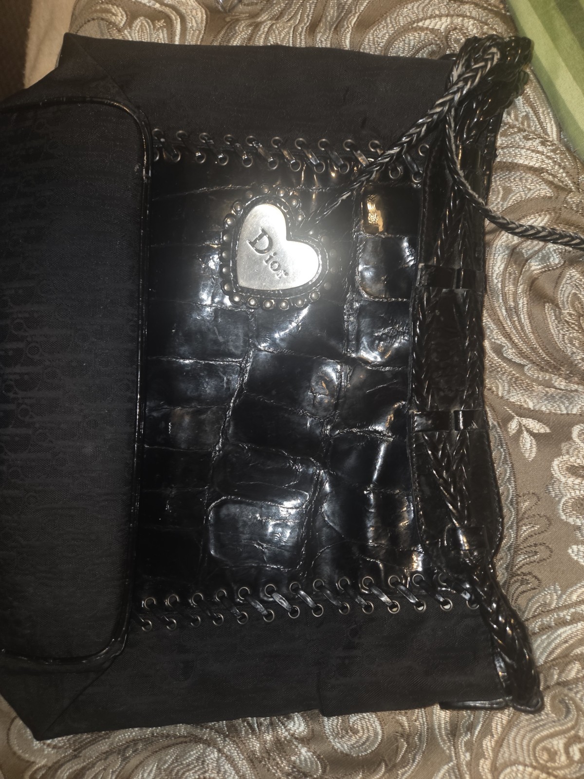 Christian Dior Black Diorissimo Nylon and Patent Leather Grommet Heart Charm…
