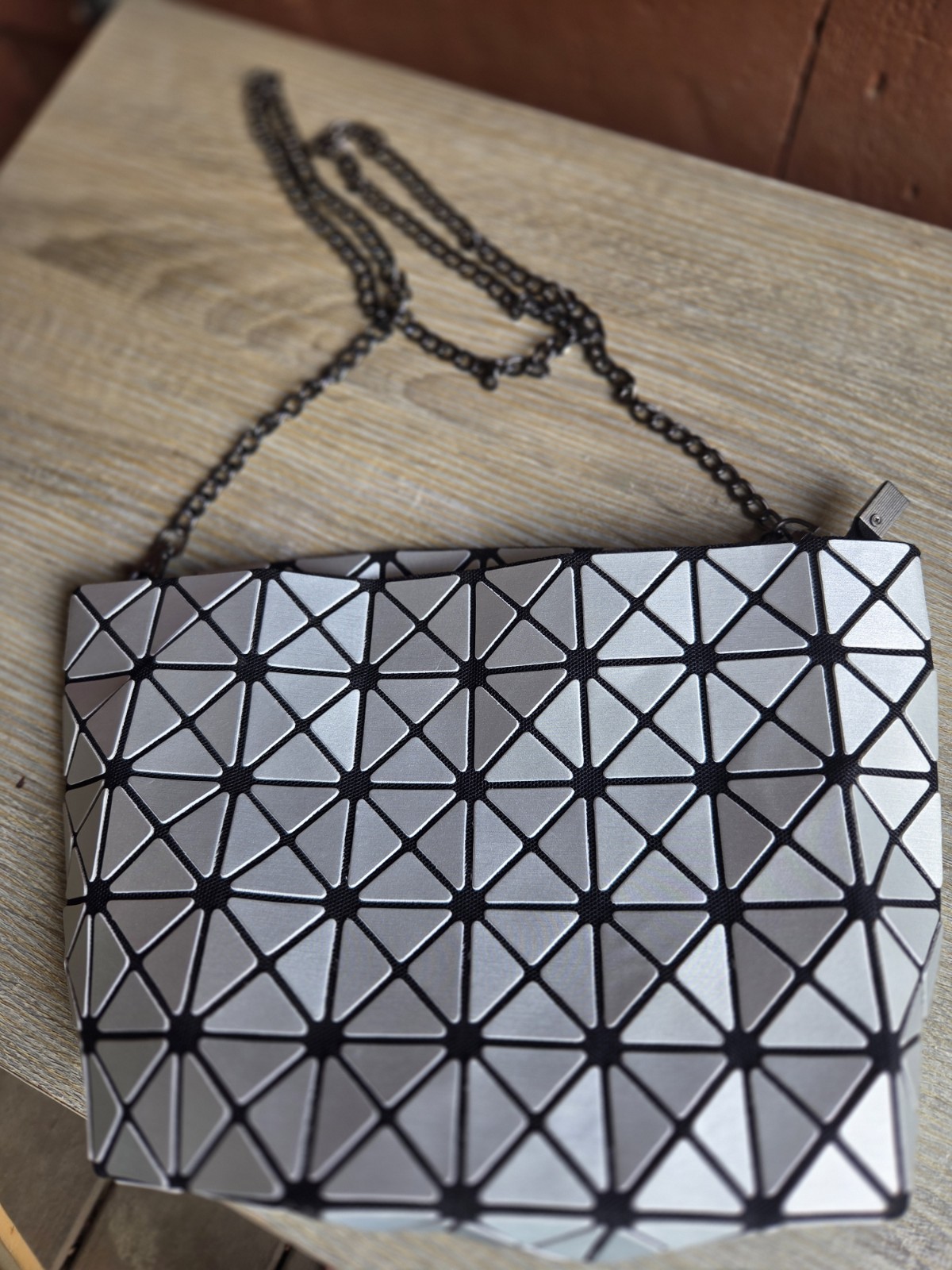 BAO BAO ISSEY MIYAKE Silver Geometric Purse Long Chain Strap Glossy Shoulder Bag