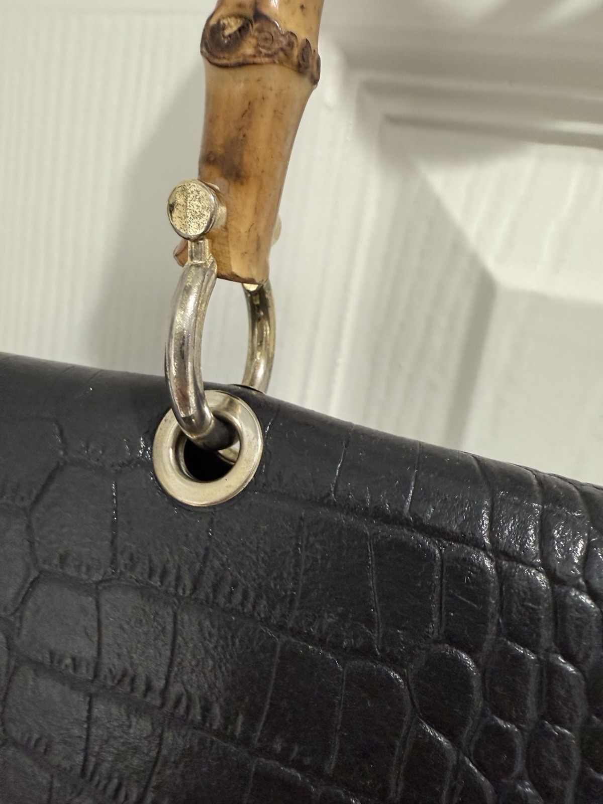 Large Black Croc Embossed Leather Bamboo Top Handle Turn Lock Crossbody Satchel