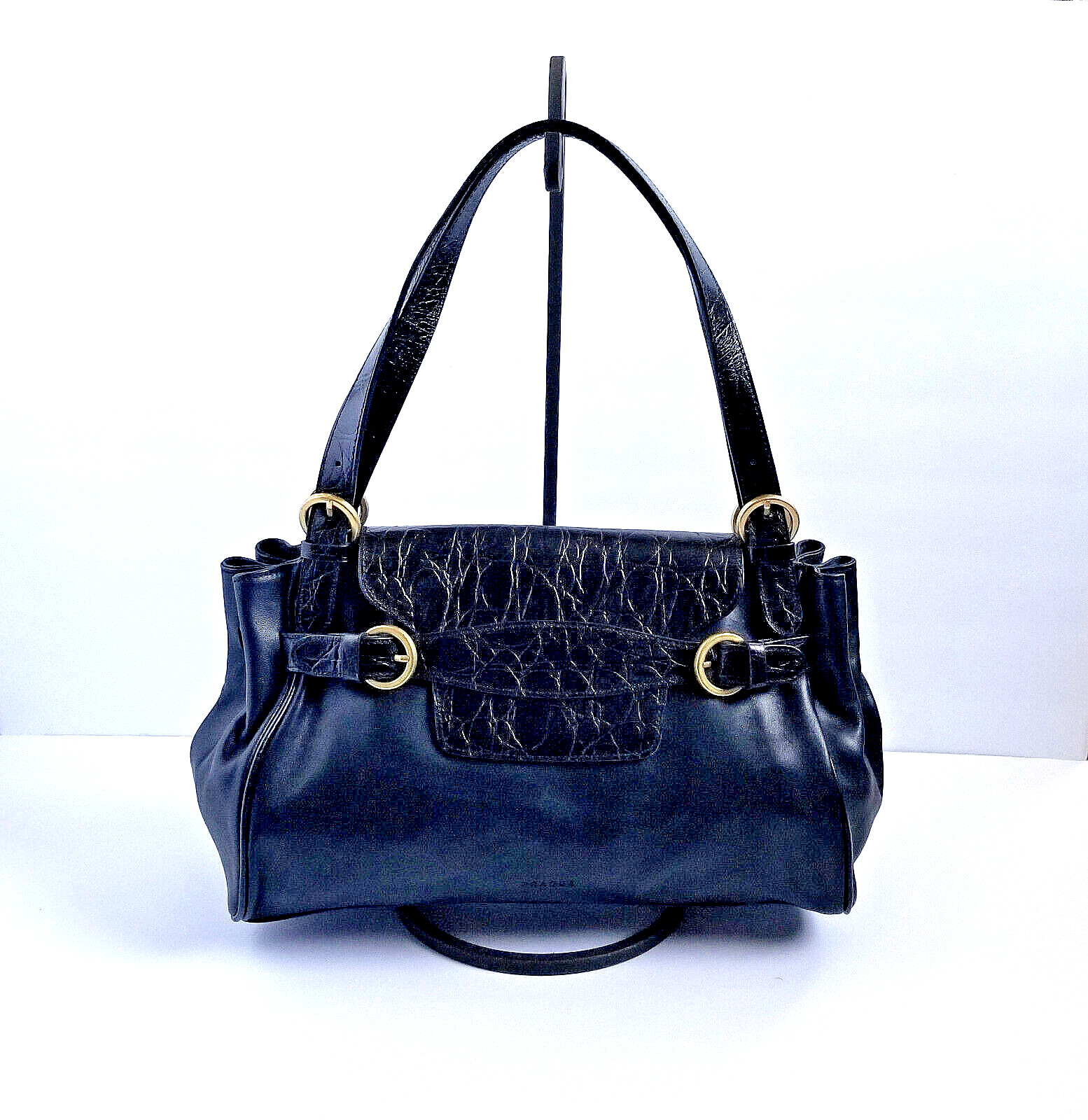 PRAGUE Black Leather Shoulder Bag Gold Hardware Smooth Textured Purse