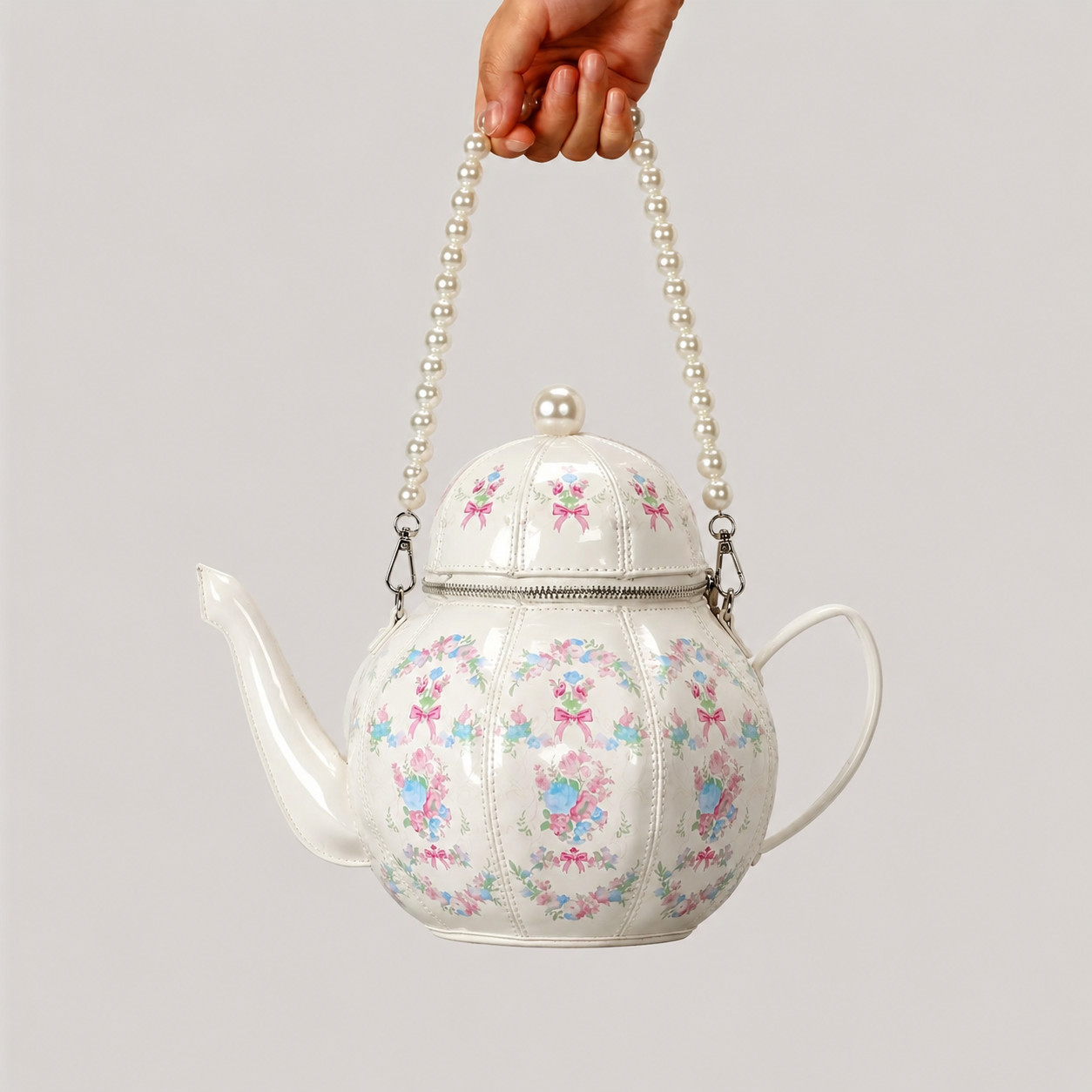 White Teapot Purse Pearl Handle & Strap Coquette Cottagecore Kawaii Handbag