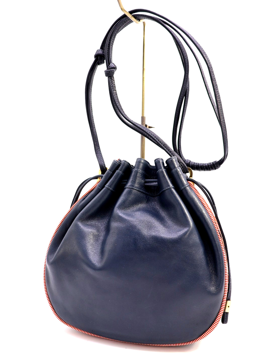 GUCCI VINTAGE Web Stripe Drawstring Shoulder Bag Leather Navy Rare Authentic