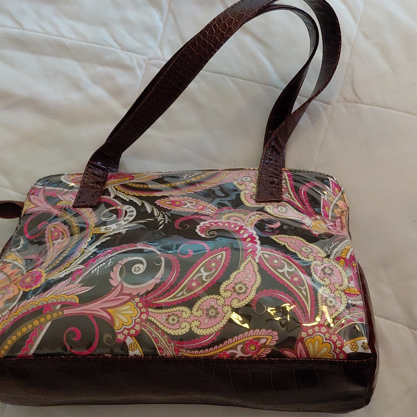 Lulu Australia Paisley Coated Multicolor Shoulder Bag Brown Strap Buckle Zip
