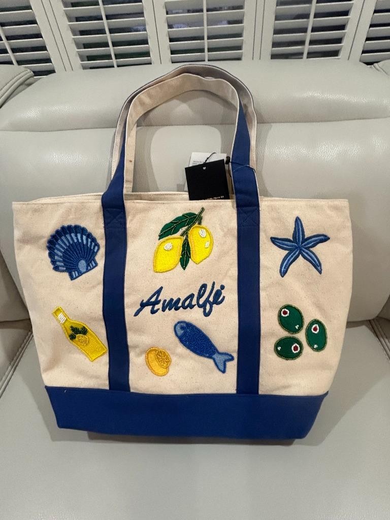 America and Beyond Beaded Amalfi Canvas Large Tote Summer Handbag NWT