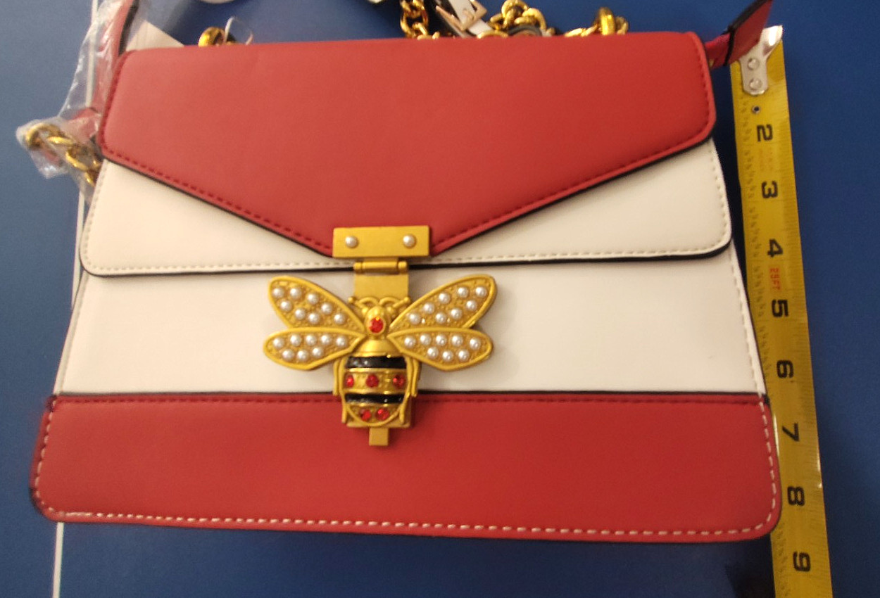 Jen & Co Red White Bee Clasp Crossbody Bag Pearl Gold Chain Vegan Leather
