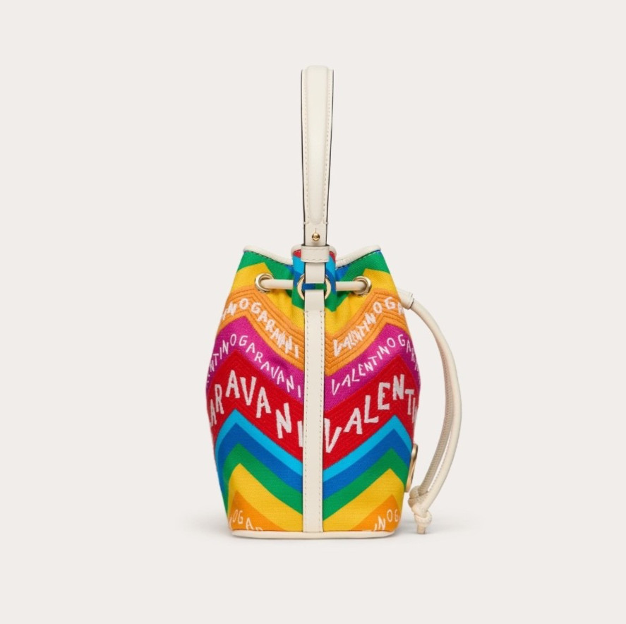 $1750 VALENTINO “Escape” VLogo Mini canvas bucket bag – Chevron24 Rainbow print