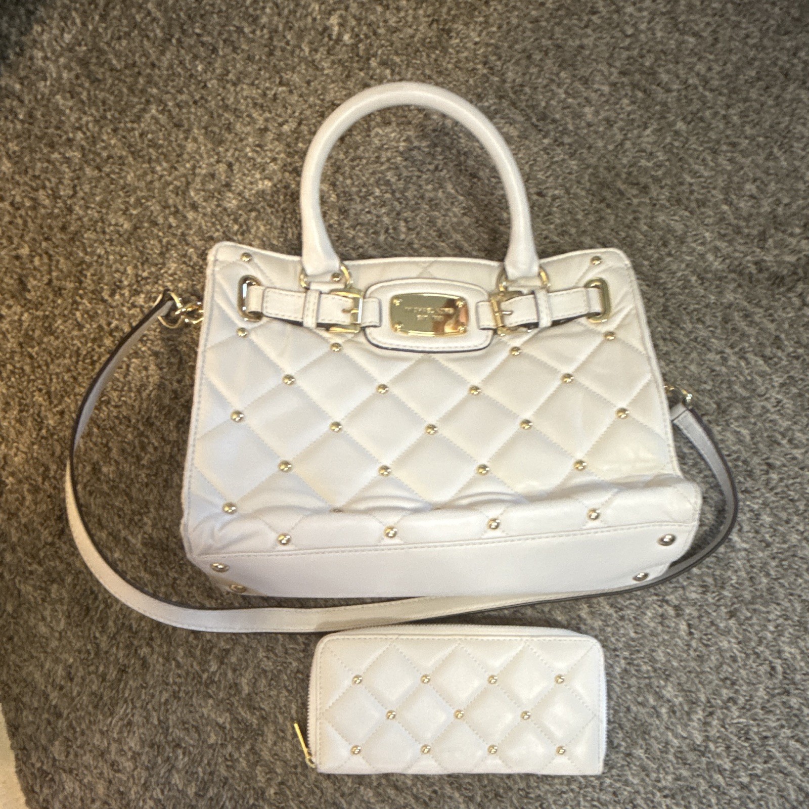 Michael Kors White Medium Satchel Top Handle, Studded, Zip, Detachable Strap