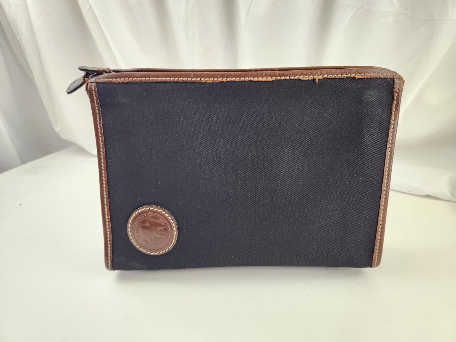 Authentic Hunting World Clutch Second Bag Hand Black Zip Pouch Leather Trim H.W.