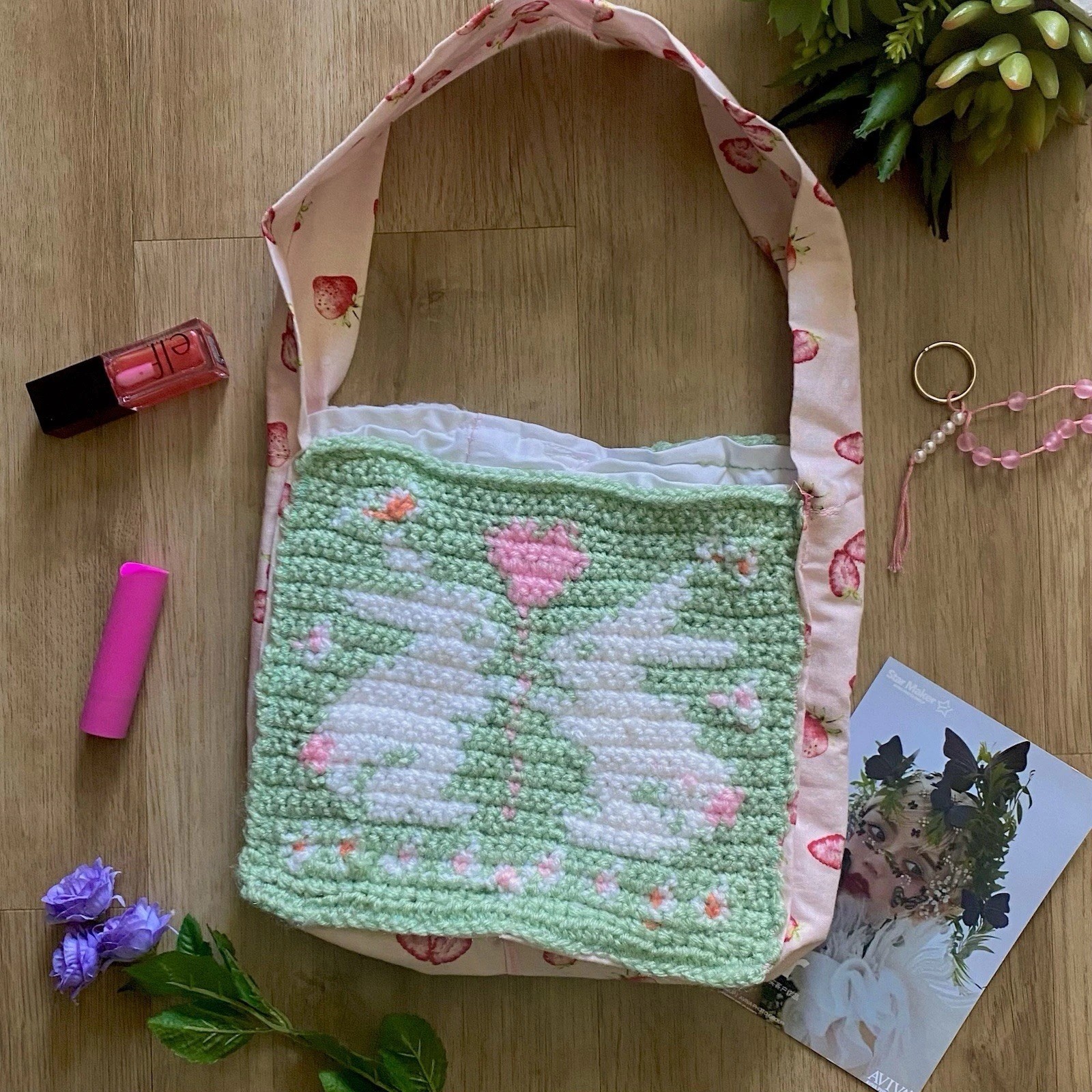 Handmade Crochet Shoulder Bag Lined Pink Green Floral Strawberry Strap