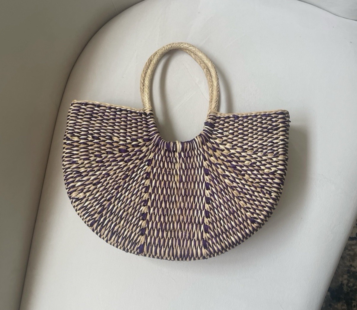 Handwoven Straw Tote Bag Purple Handmade Purse Market Tote