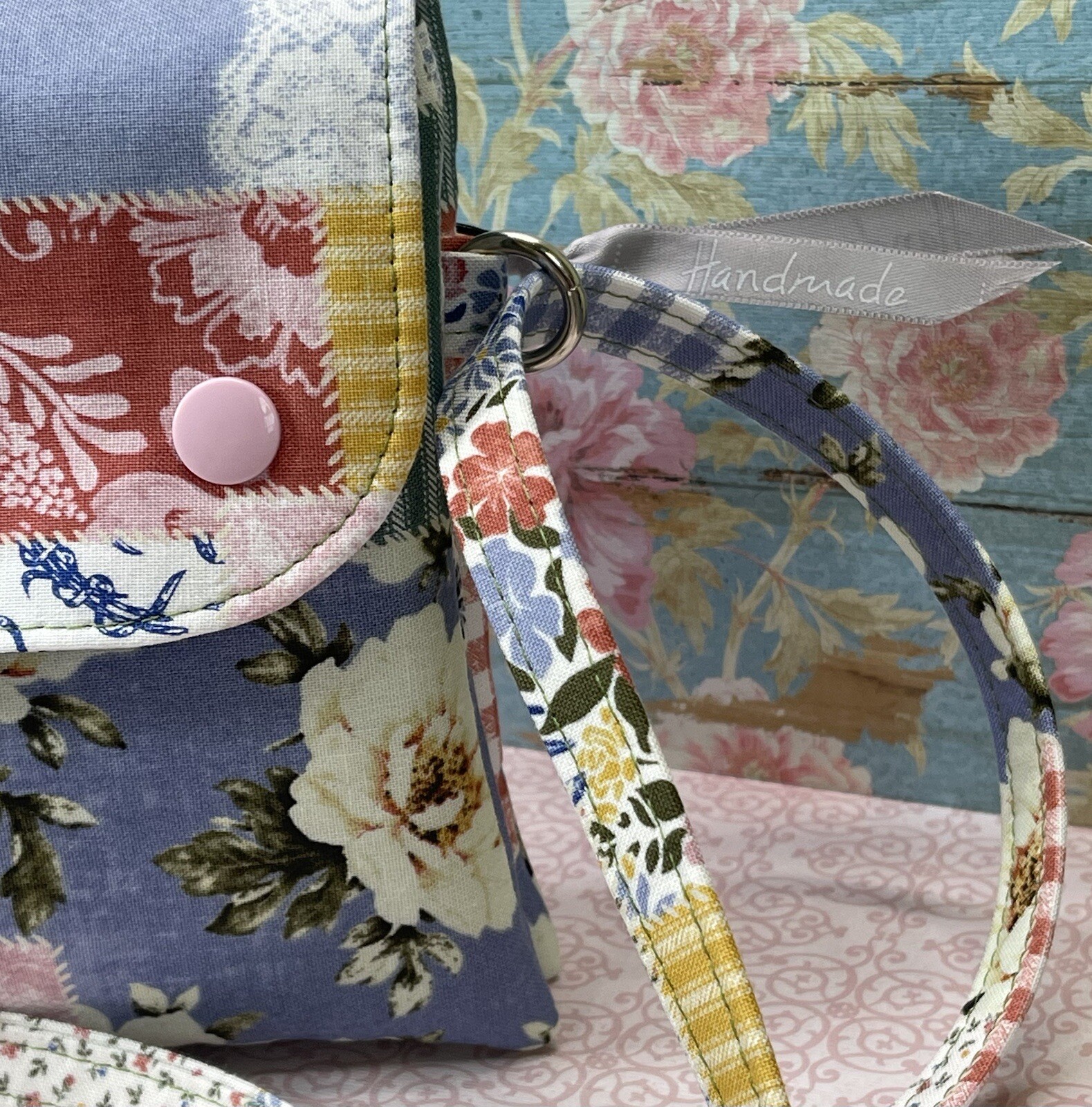 Spring Patchwork Fabric Double Pouch Phone Crossbody w Adjustable Strap Handmade