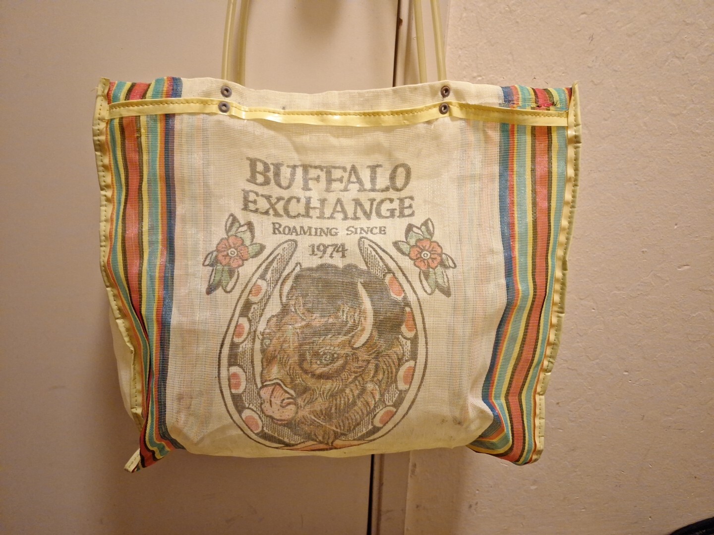 Vintage Buffalo Exchange Reusable Tote Bag Yellow Stripe 16″ x 16″ Plastic