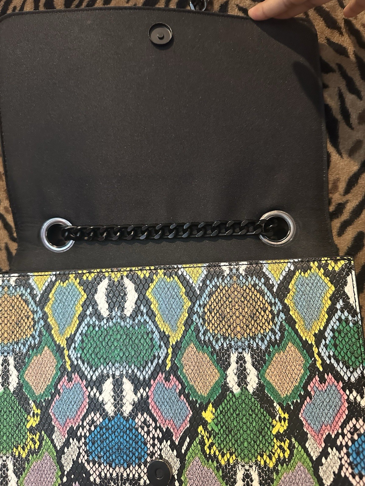ALDO Women’s Small Multicolor Snake Print Crossbody Snap Flap Black Chain