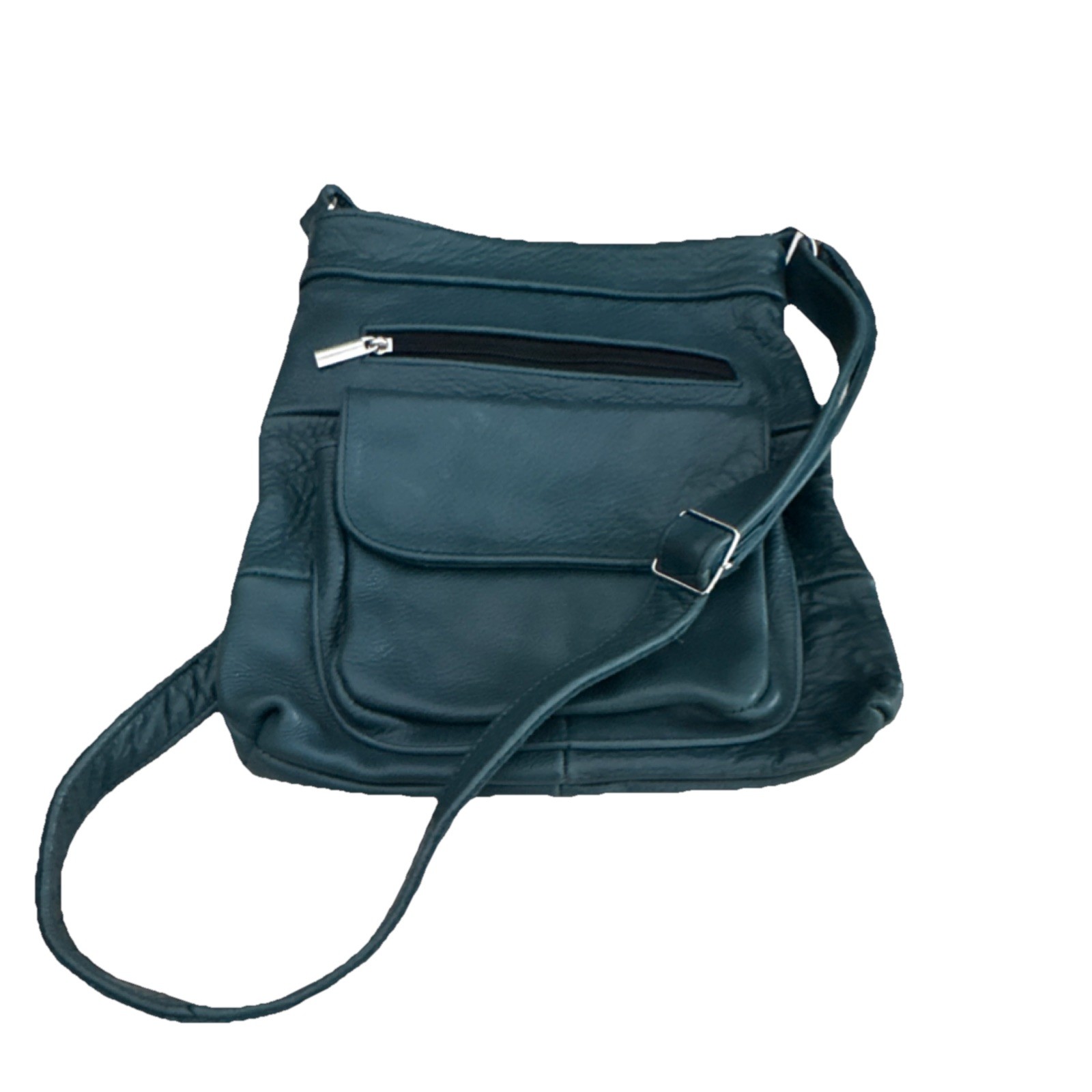 Dark Green Leather Bag with Zipper & Stitching Accents, Inner & Outer Pockets