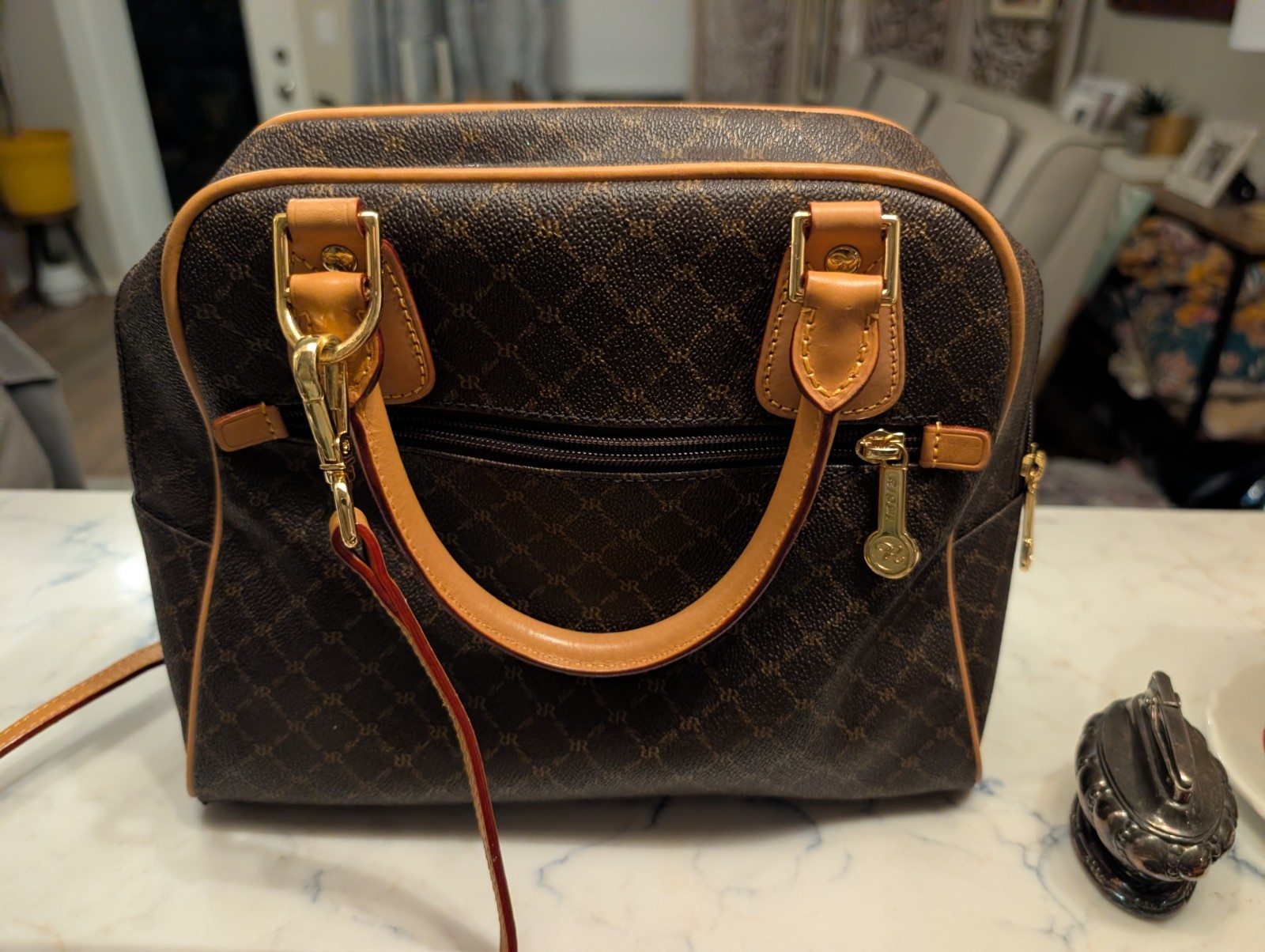 Rioni Moda Italia Signature Monogram Satchel Crossbody Bag Brow