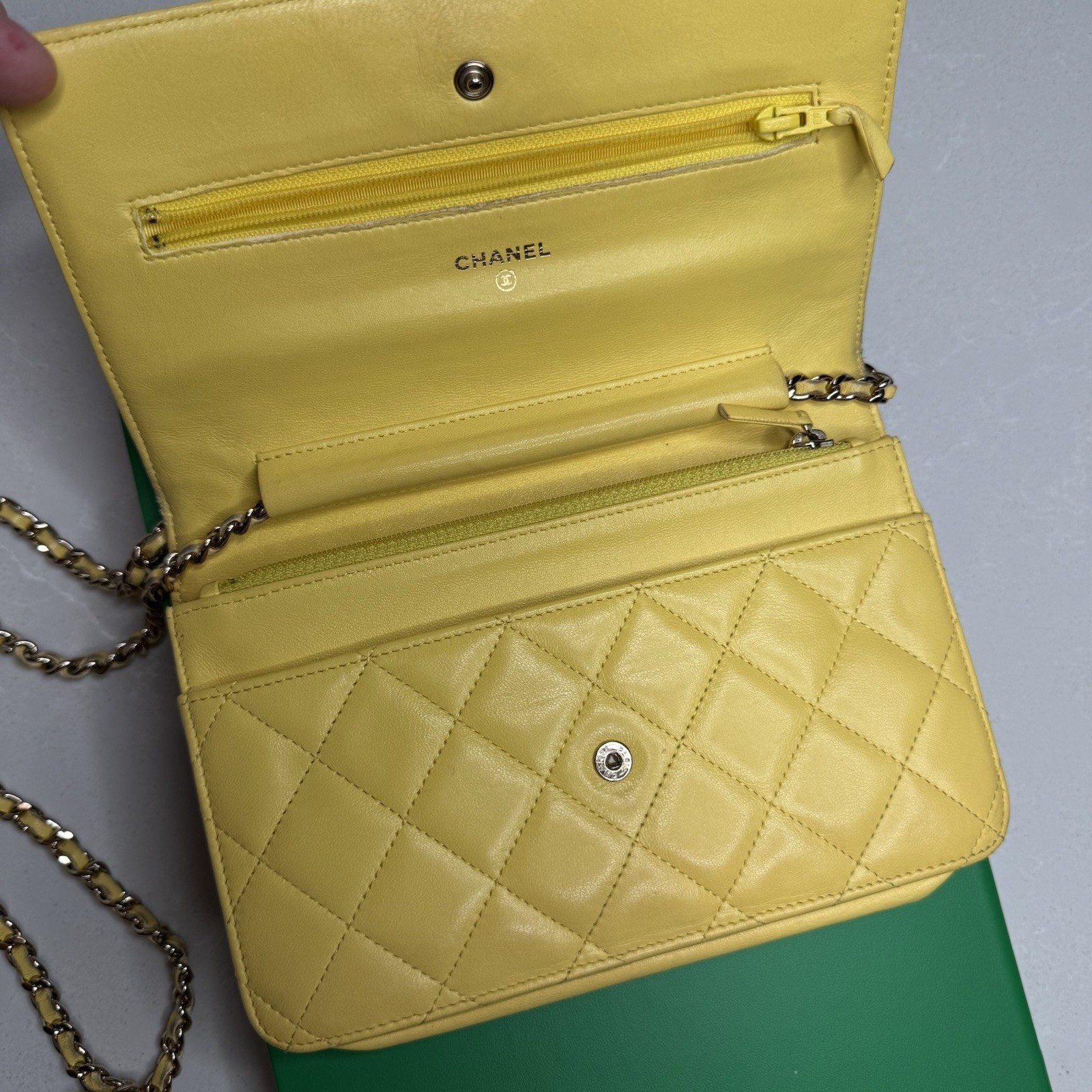 Auth CHANEL Woc Yellow Lambskin Leather Wallet on Chain