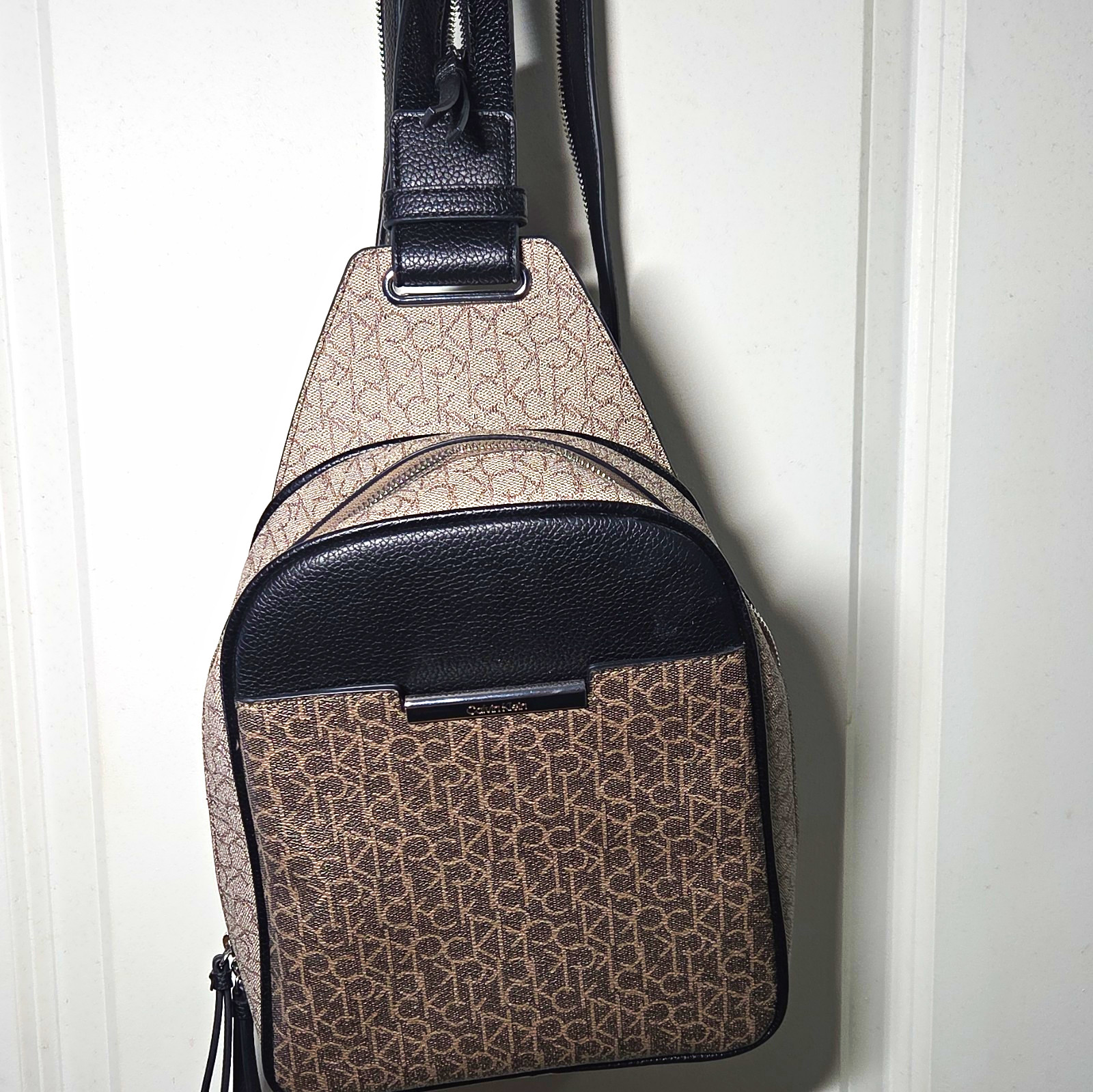 Calvin Klein CK Monogram Sling Crossbody Bag Zip Adjustable Strap Pockets
