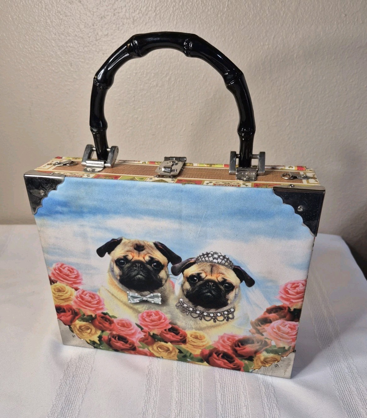 Pug Dogs Wedding Rhinestone Cigar Box Purse Handbag BLOSSOM Puppy