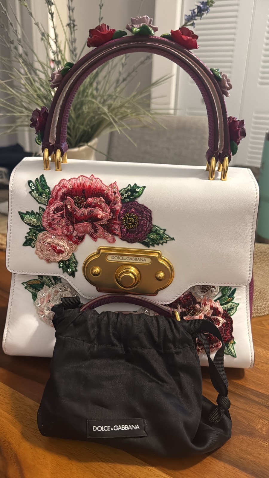 D&G Welcome Bag White/Red/Purple with Leather/Embroidery/Sequin and Gold Accents